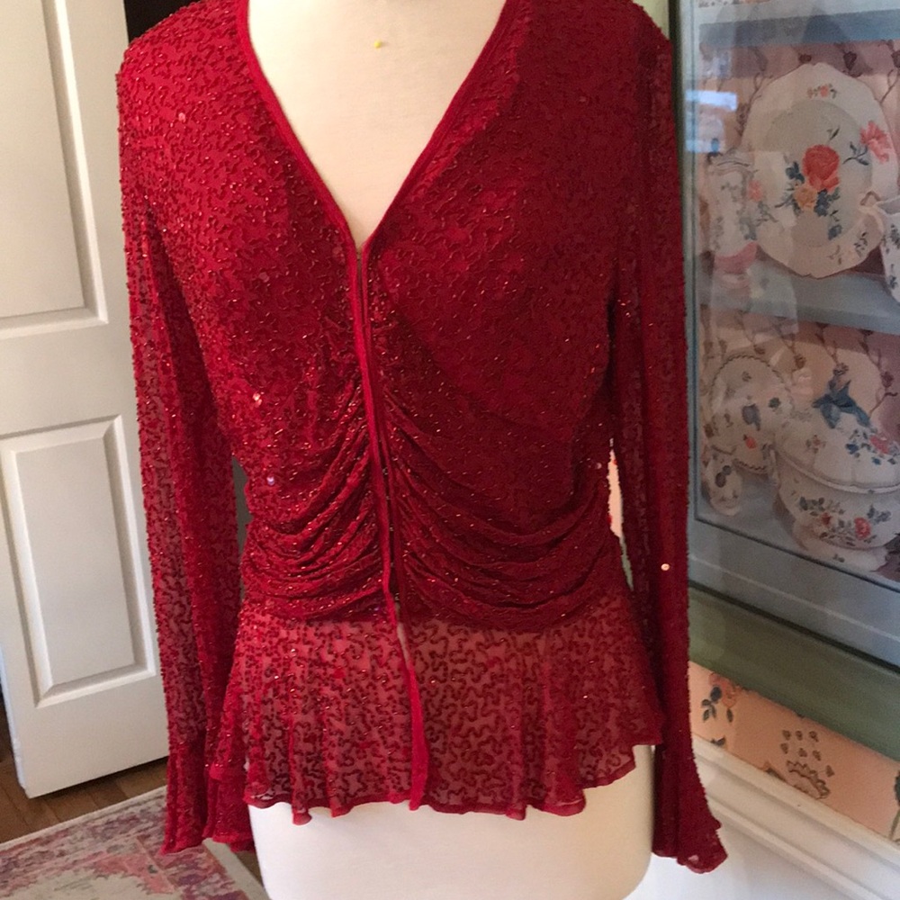 Elegant red silk special occasion blouse perfect for Christmas, Valentines Day.